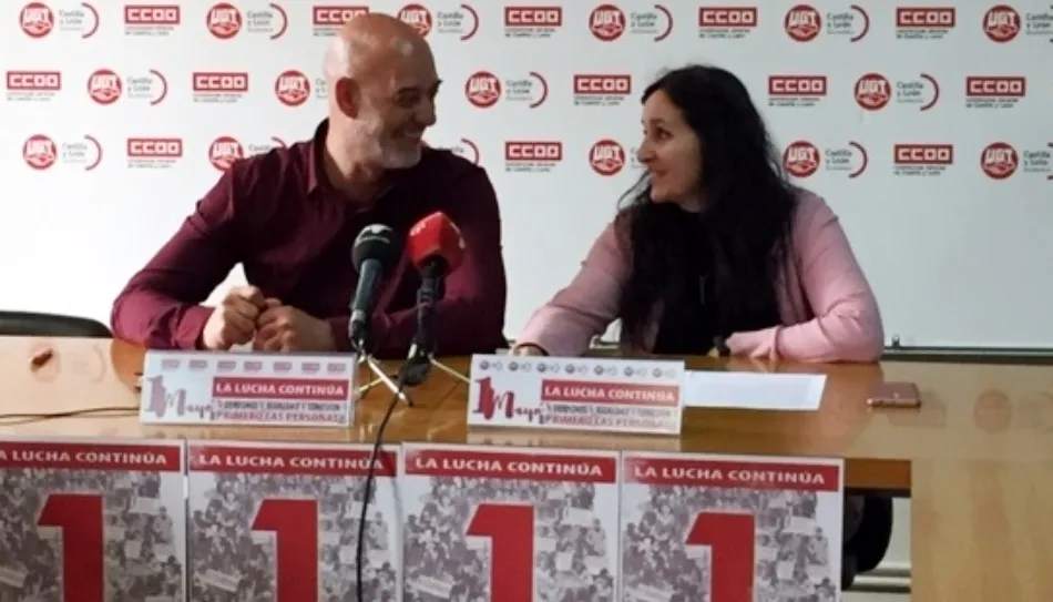 Antonia I. Guerrero Jiménez, presidenta de la comisión gestora de UGT Salamanca, y Emilio Pérez Prieto, secretario provincial de CCOO