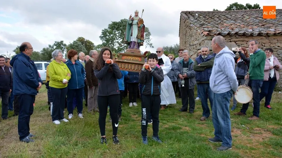 La pequeña imagen del Santo, portada por uno grupo de adolescentes, presidió la bendición de los viñedos / E. Corredera