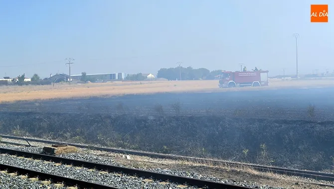 Un aparatoso incendio ha calcinado una tierra y afectado varias parcelas junto a la estación de tren