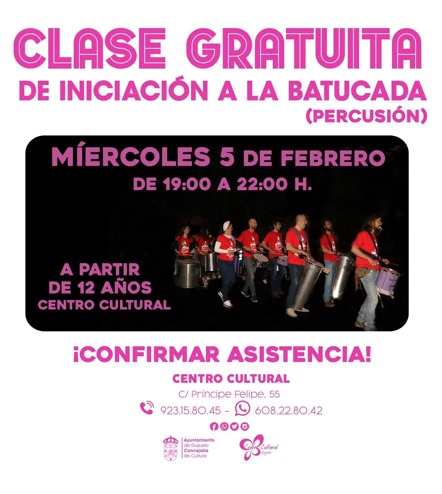 El centro cultural de Guijuelo acoge mañana una clase gratuita de batucada