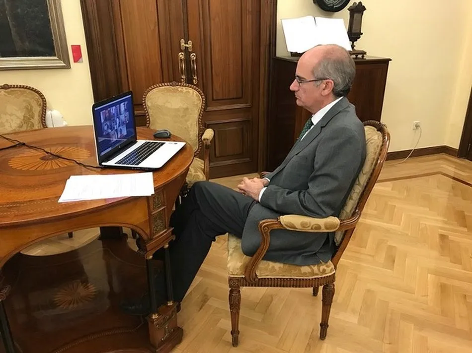 El presidente de la Diputación, Javier Iglesias, durante la reunión telemática