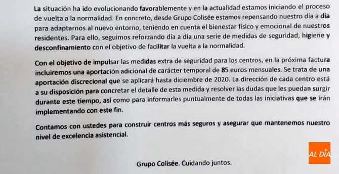 Extracto de la carta que el Grupo Colisée ha envidado a los mayores de la residencia de Macotera