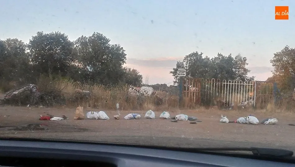 Multitud de bolsas de basura en el acceso a la charca de la mina de Golpejas  