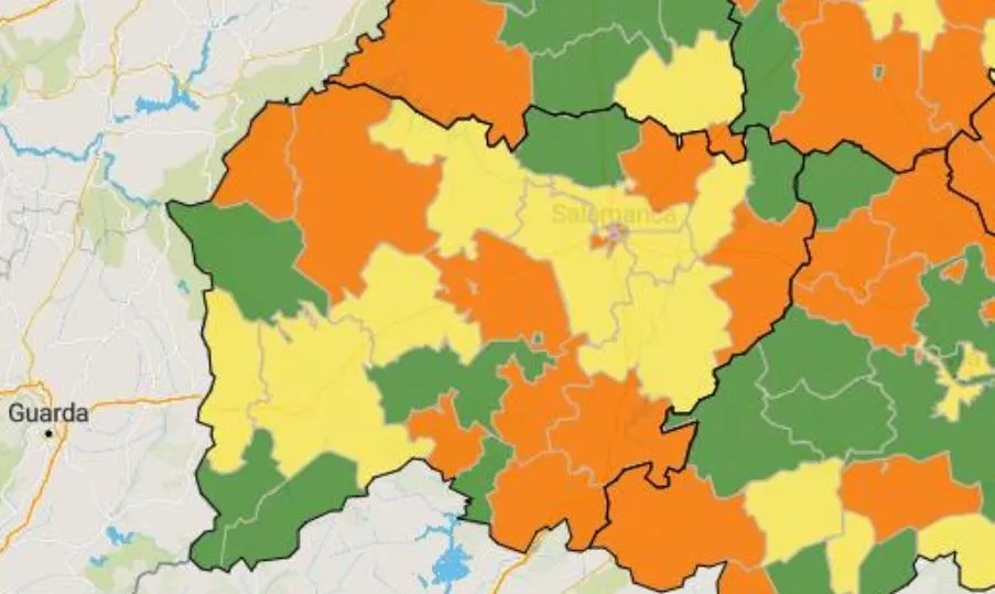 Mapa de la provincia de Salamanca con las zonas naranjas establecidas en función del índice de contagios de coronavirus