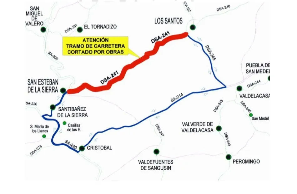 Trayecto alternativo al corte de carretera entre Los Santos y San Esteban de la Sierra