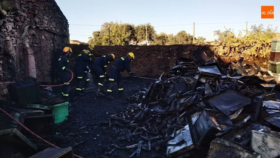 Imagen del estado en el que ha quedado el corral que albergaba las colmenas tras el incendio