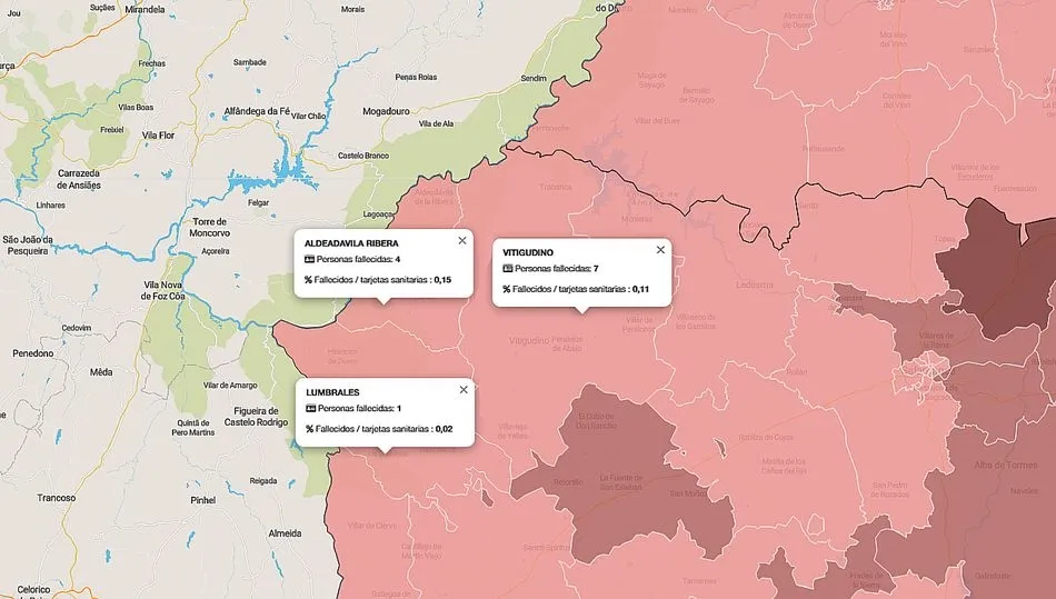 Mapa acumulado de mortalidad por la Covid-19 en Arribes desde el inicio de la pandemia