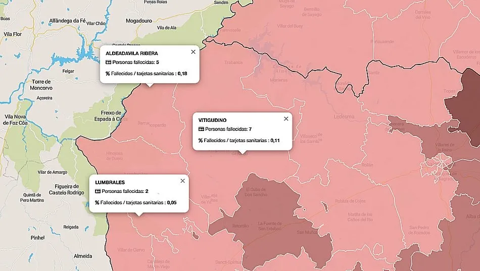 Mapa con la evolución de los fallecidos en Arribes por coronavirus