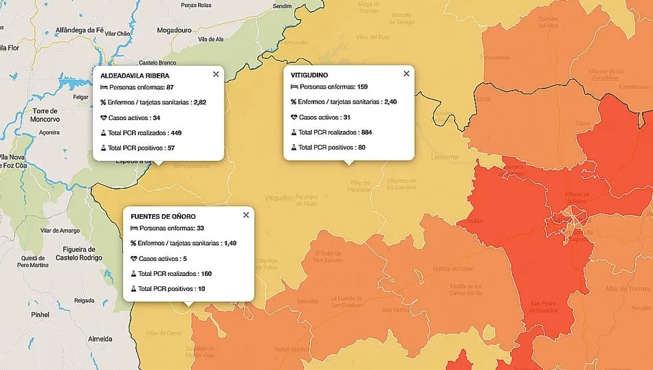 Mapa de contagios acumulados en las zonas básicas de salud de las Arribes