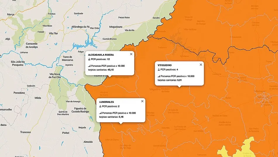 Mapa de positivos registrados en la última semana en las tres ZBS de Las Arribes