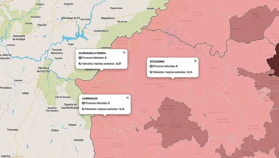 Mapa acumulado de fallecidos por Covid-19 en Las Arribes
