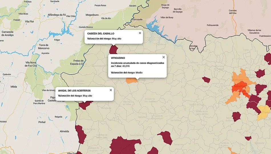 Mapa de indice de riesgo con los municipios que presentan contagios