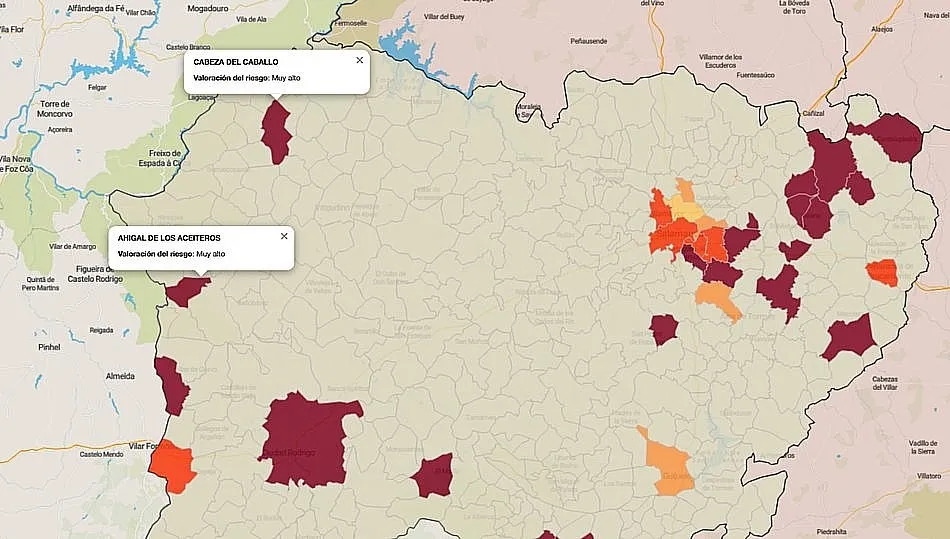 Mapa de indice de riesgo con los municipios que presentan contagios