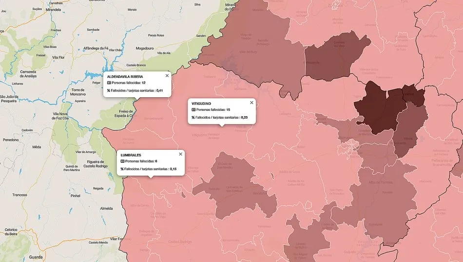 Mapa acumulado de mortalidad con los fallecimientos en cada zona básica de salud