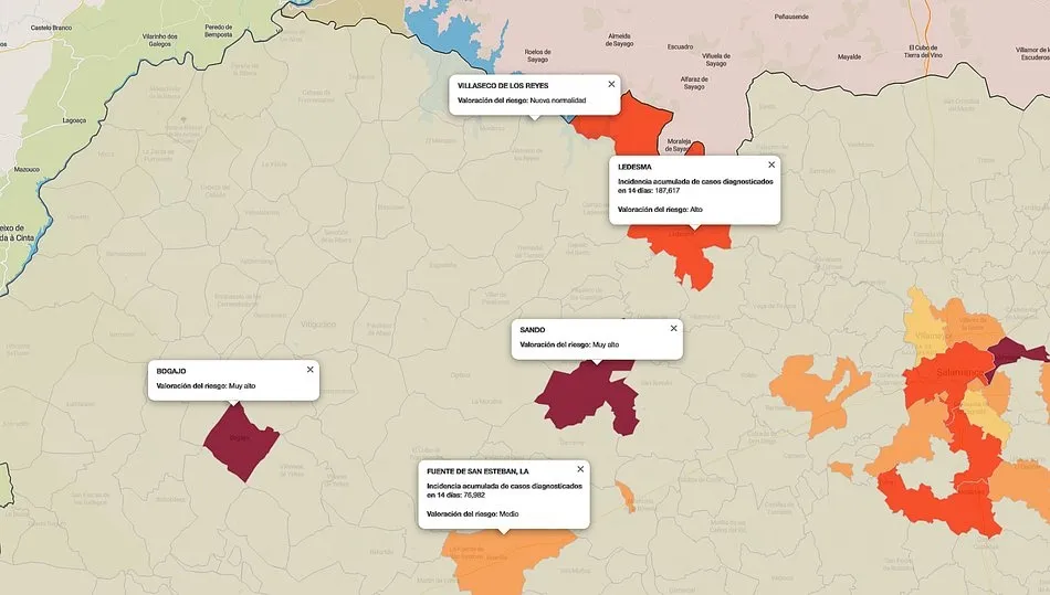 Mapa de Índice de riesgo ofrecido por la Junta a 8 de enero, y en el que Villaseco ya aparece como Nueva normalidad (0 casos)