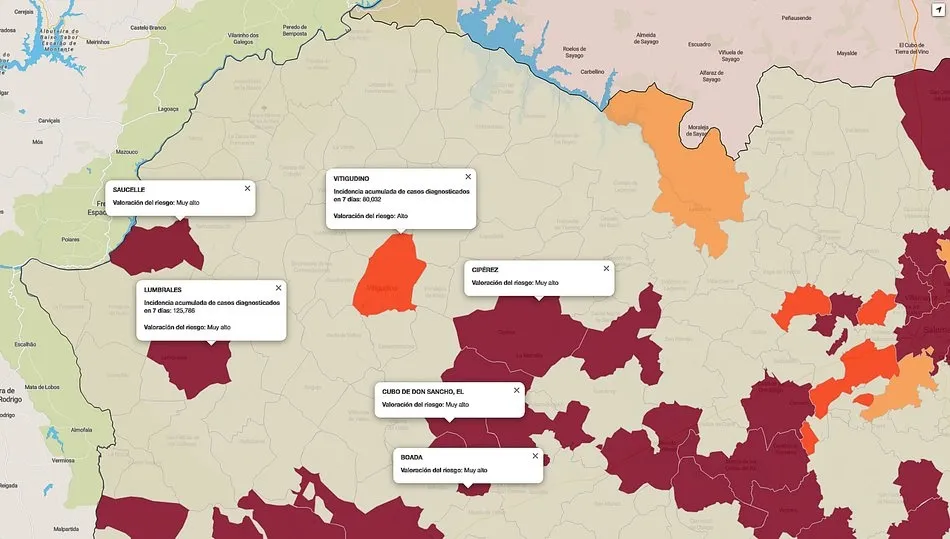 Por proximidad, se han incluido en el mapa los municipios de El Cubo y Boada, ambos con positivos pero pertenecientes a la ZBS de La Fuente de San Esteban