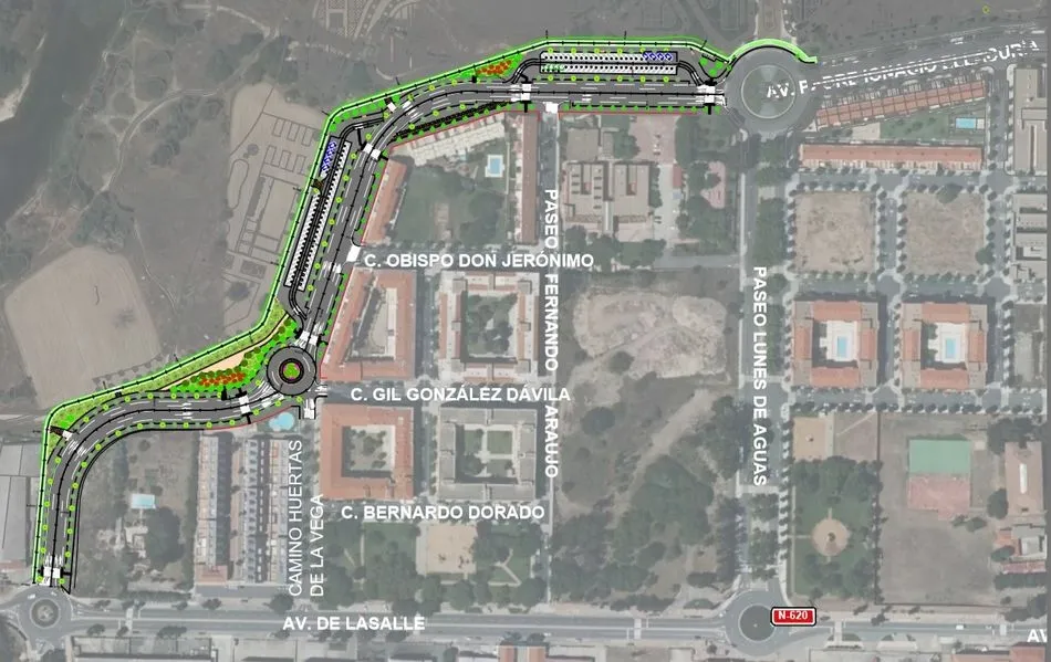Plano de este proyecto para ampliar la Avenida del Padre Ignacio Ellacuría y el Camino Huertas de la Vega, hasta la intersección con la calle Gil González Dávila