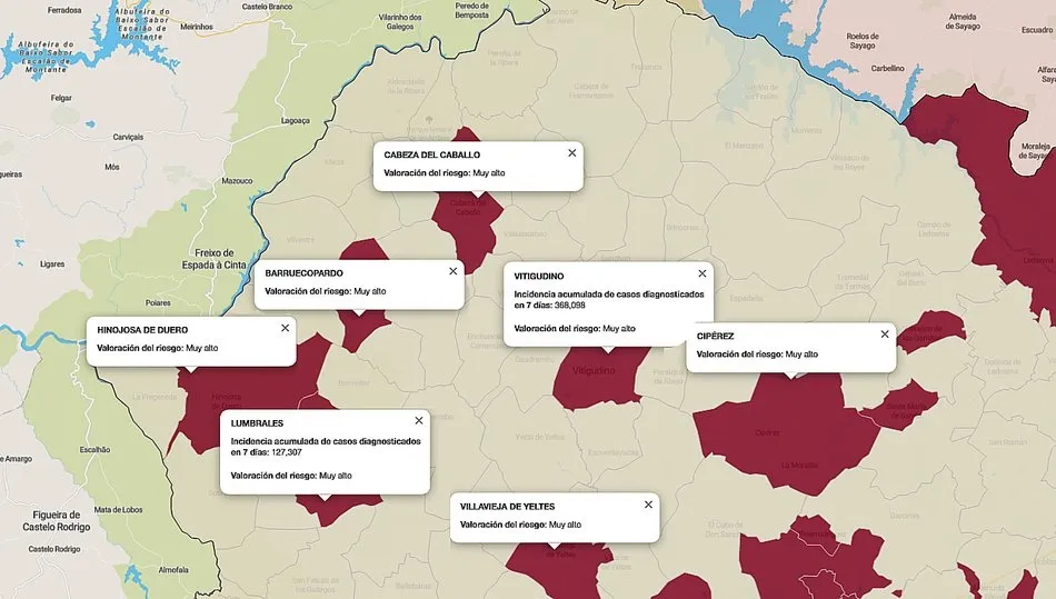 Mapa de índice de riesgo por municipios sobre casos diagnosticados en los últimos siete días / FUENTE: JCYL