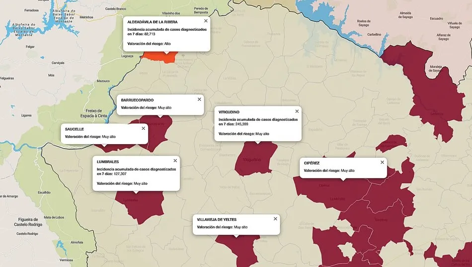 Mapa de índice de riesgo por municipios sobre casos diagnosticados en los últimos siete días / FUENTE: JCYL