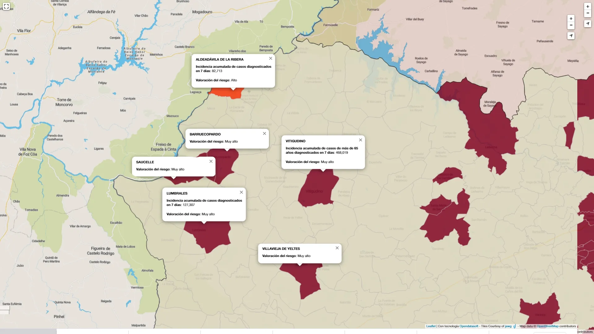 Mapa de índice de riesgo por municipios sobre casos diagnosticados en los últimos siete días / FUENTE: JCYL