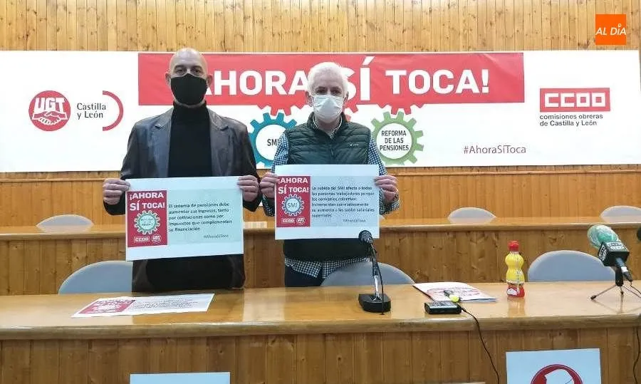 Emilio Pérez, secretario provincial de CCOO, y Marce Muñoz, portavoz de la comisión gestora UGT Salamanca. Foto de Lydia González