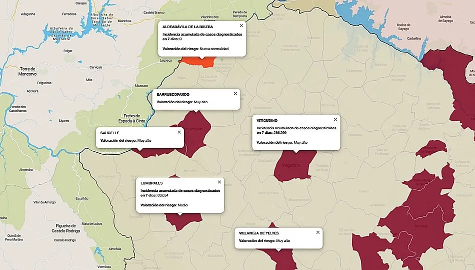 Mapa de índice de riesgo por municipios sobre casos diagnosticados en los últimos siete días / FUENTE: JCYL