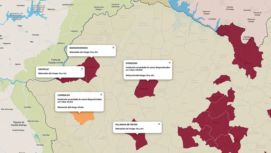 Mapa de índice de riesgo por municipios sobre casos diagnosticados en los últimos siete días / FUENTE: JCYL