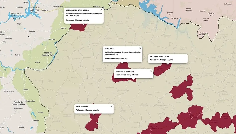 Mapa de índice de riesgo por municipios sobre casos diagnosticados en los últimos siete días / FUENTE: JCYL