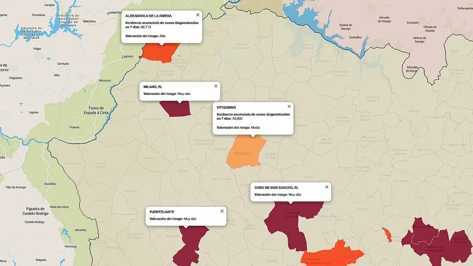 Mapa de índice de riesgo por municipios sobre casos diagnosticados en los últimos siete días / FUENTE: JCYL