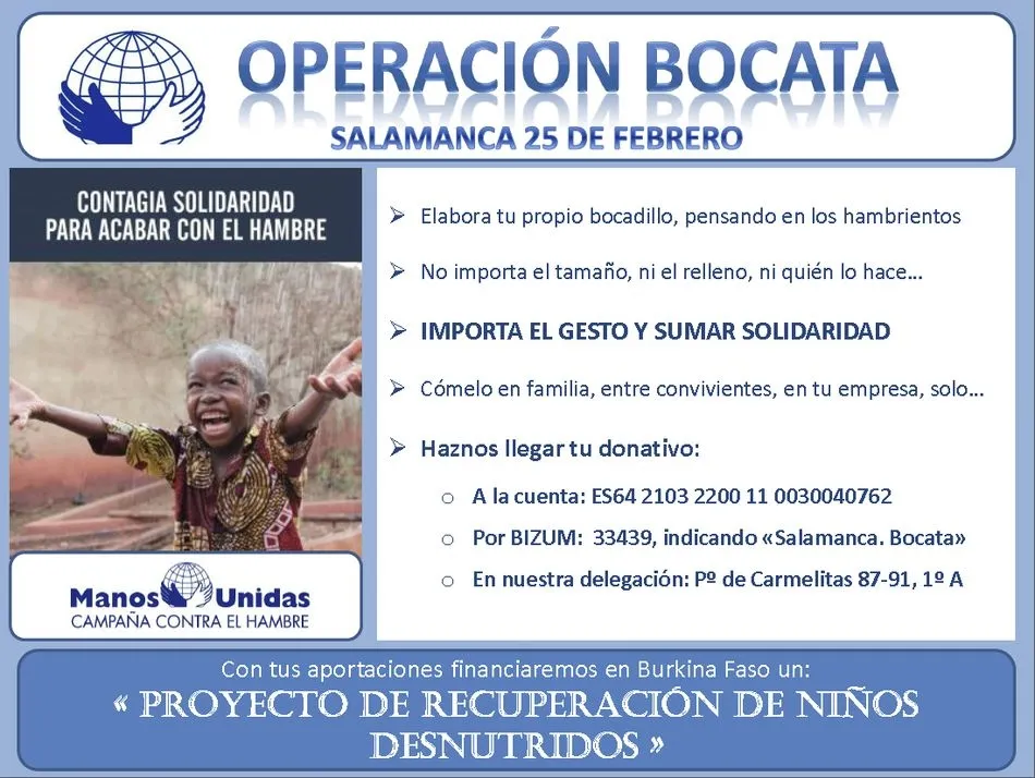 Manos Unidas invita a apoyar con donaciones la Operación Bocata el próximo 25 de febrero  
