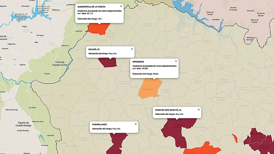 Mapa de índice de riesgo por municipios sobre casos diagnosticados en los últimos siete días / FUENTE: JCYL