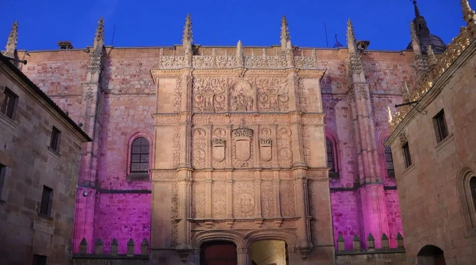Fachada rica de las Escuelas Mayores, de violeta