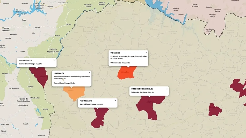 Mapa de índice de riesgo por municipios sobre casos diagnosticados en los últimos siete días / FUENTE: JCYL