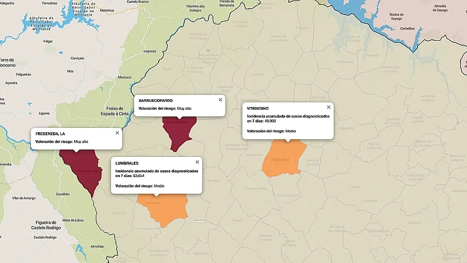 Mapa de índice de riesgo por municipios sobre casos diagnosticados en los últimos siete días / FUENTE: JCYL