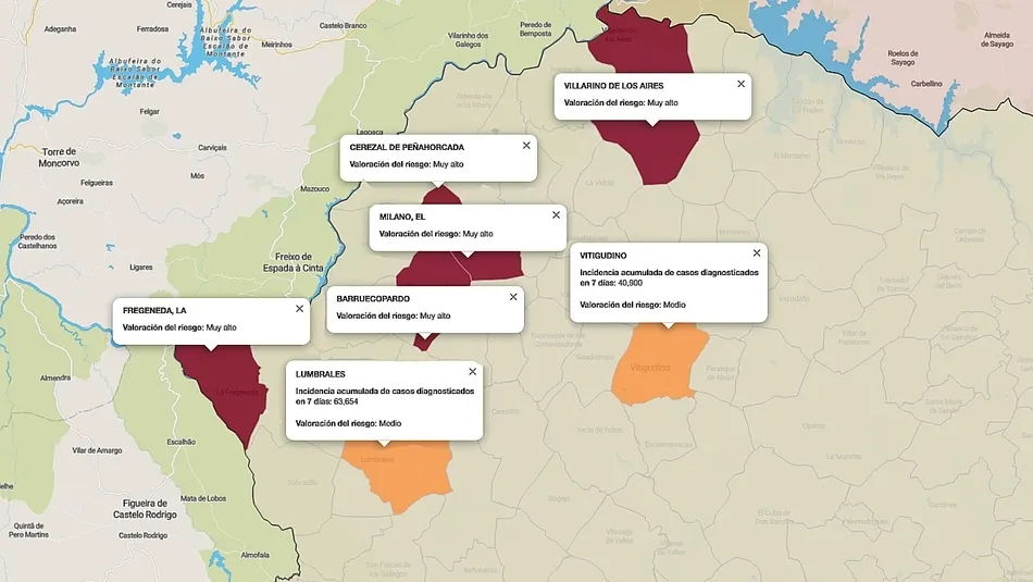 Mapa de índice de riesgo por municipios sobre casos diagnosticados en los últimos siete días / FUENTE: JCYL