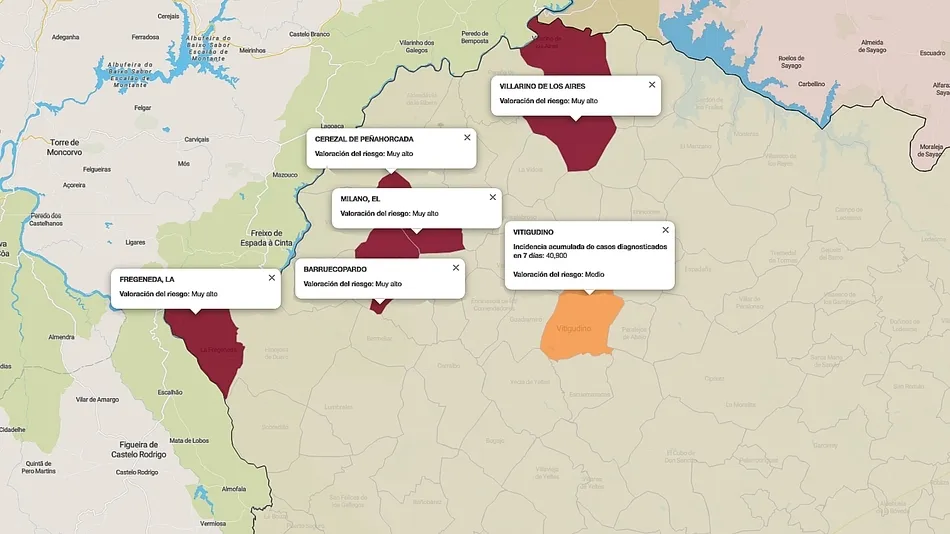 Mapa de índice de riesgo por municipios sobre casos diagnosticados en los últimos siete días / FUENTE: JCYL
