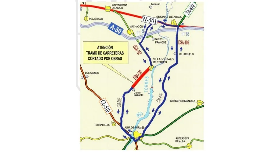 Mapa del tramo de obras e itinerario alternativo