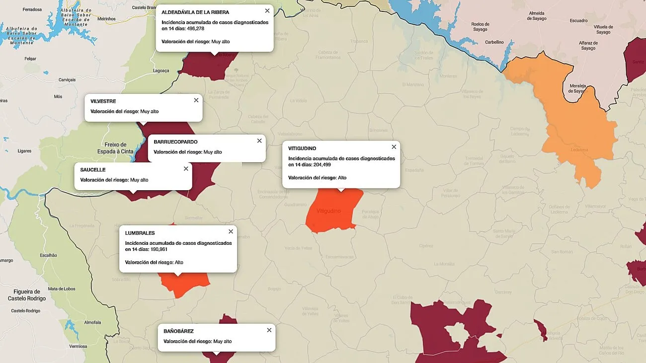 Mapa de índice de riesgo de las dos últimas semanas con los pueblos de la comarca afectados por covid / FUENTE: JCyL
