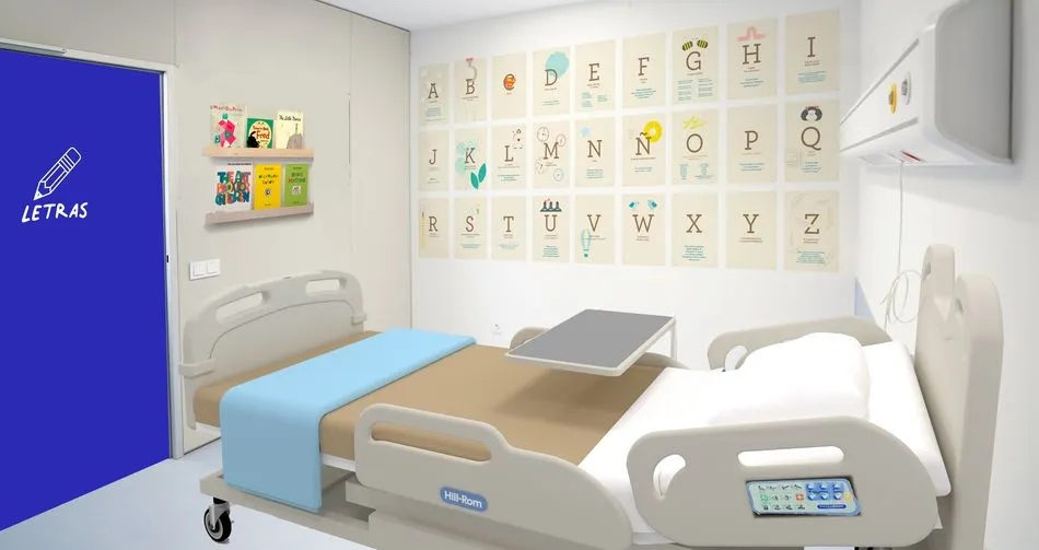 En los boxes los niños en tratamiento por cáncer pasan mucho tiempo al día, este box se ha transformado en un abecedario mural que repasa grandes obras de la literatura infantil