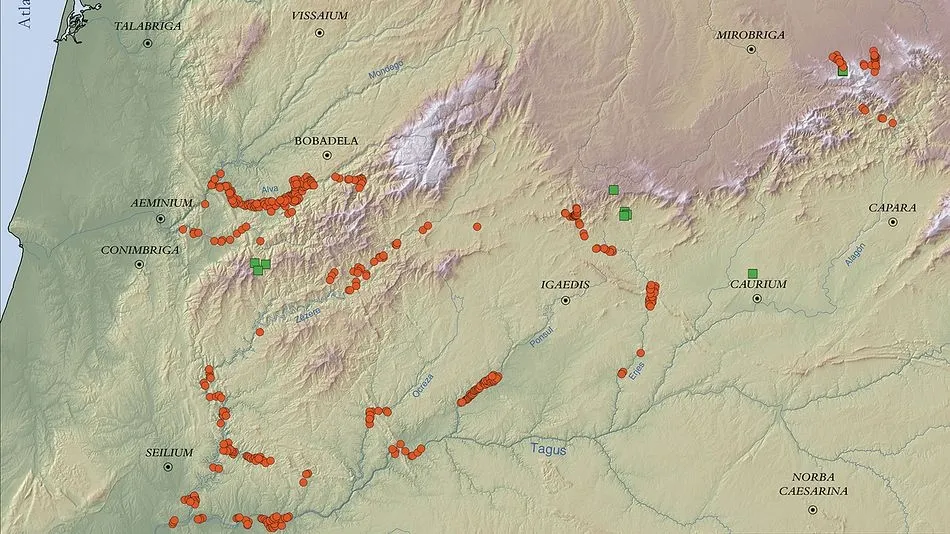 Mapa que muestra la minería del oro romana en Lusitania (figura de Brais X. Currás y F.J. Sánchez-Palencia)