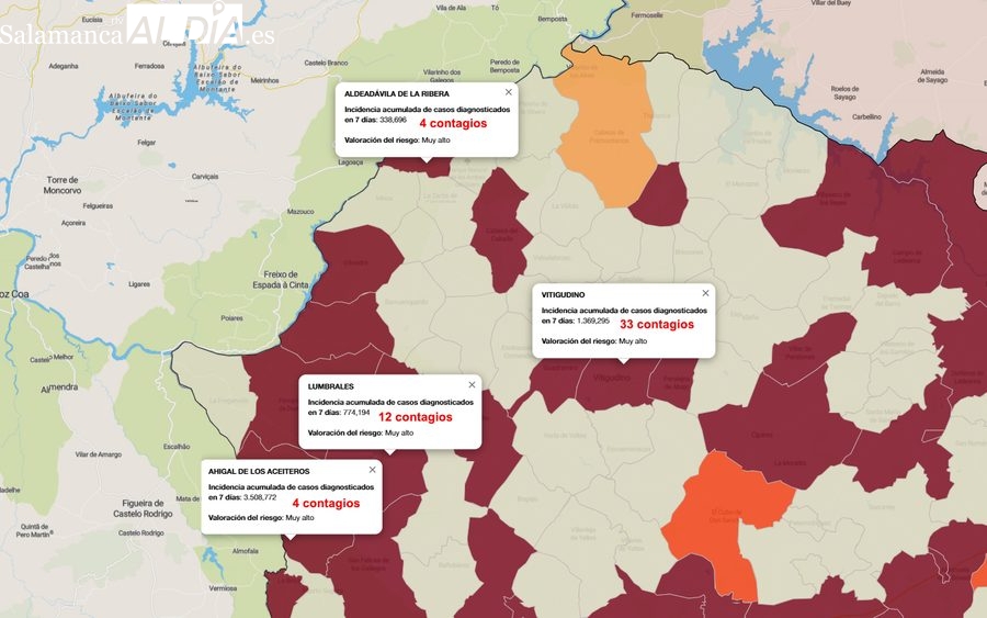 Mapa de incidencia de riesgo a 7 días con los municipios que presentan mayor número de contagios / INFOGRAFÍA: CORRAL (fuente JCyL)