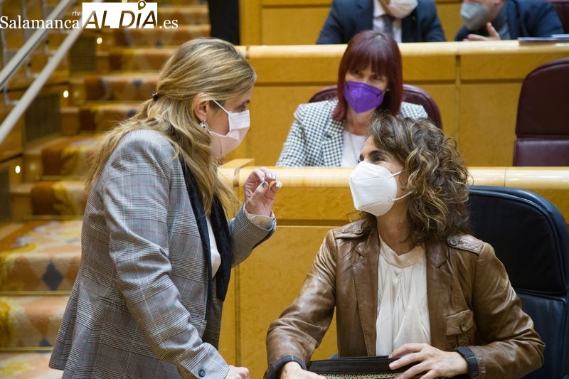 Esther del Brío (PP) y María Jesús Montero (PSOE) debaten en el Senado. Fotos: DAVID CORRAL
