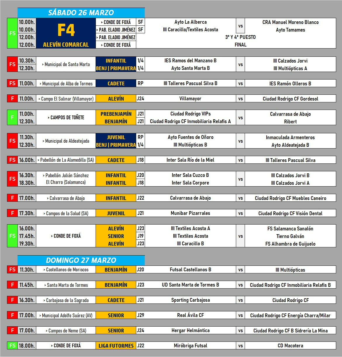 /AD [26|27 MAR] Potente regreso a Conde de Foxá con la F4 Alevín y partidos del III Senior y el Miróbriga Futsal