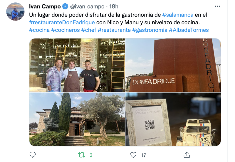 El ex futbolista del Real Madrid, Iván Campo, ensalza la cocina de Don Fadrique