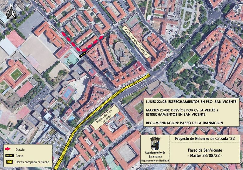 Estrechamientos en el paseo de San Vicente y en la avenida de Mirat por la renovación del firme de la calzada