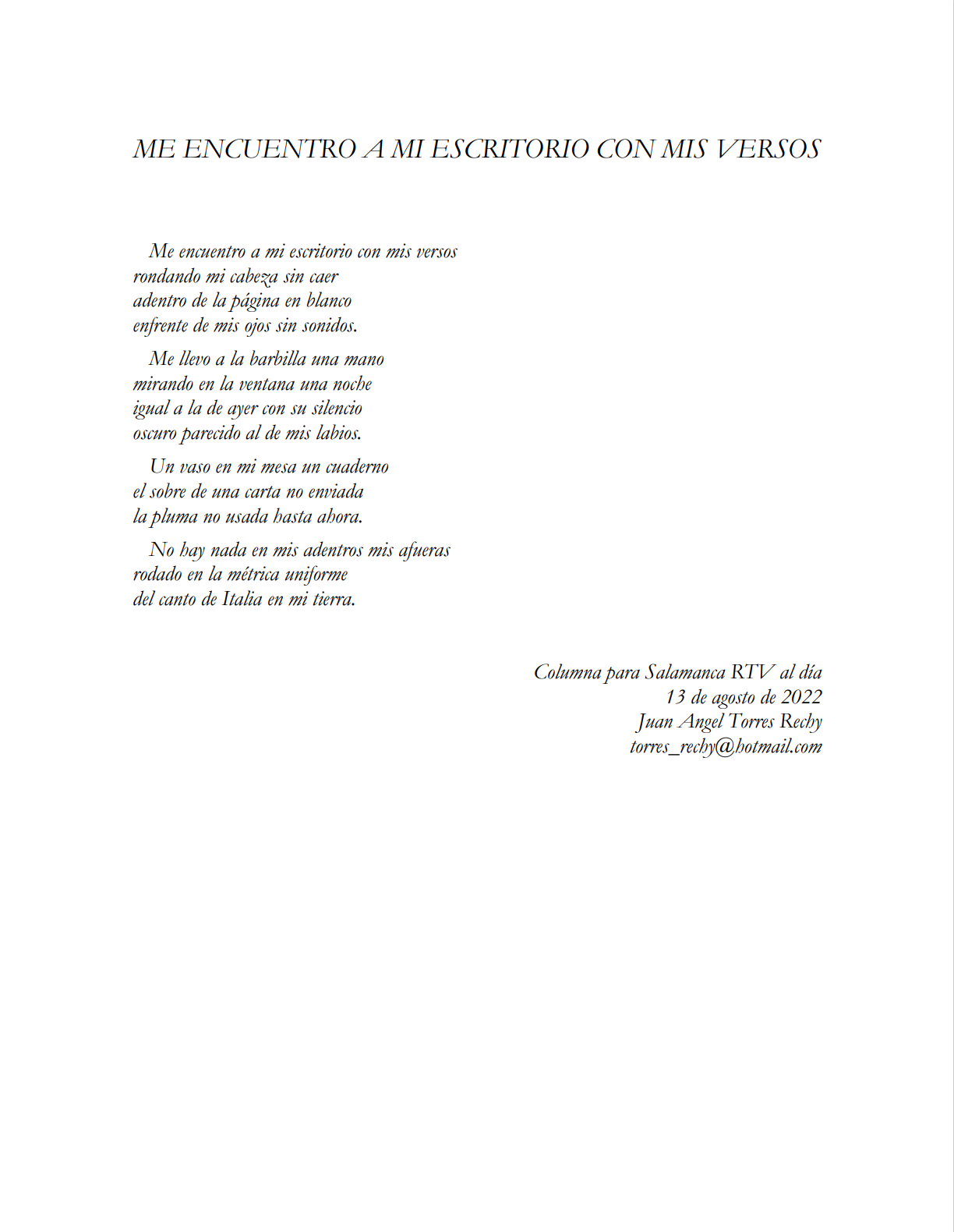 Me encuentro a mi escritorio con mis versos