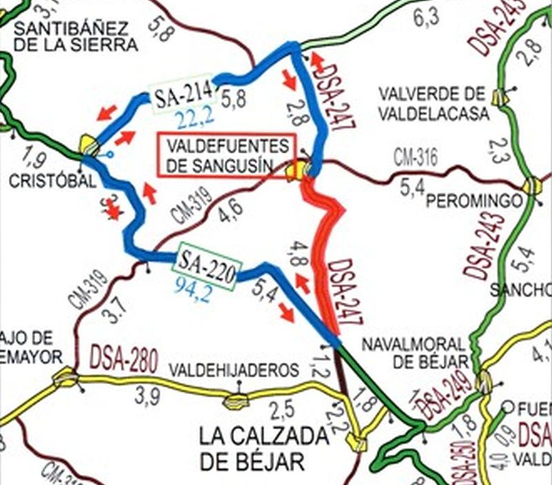 Corte de la carretera entre Valdefuentes de Sangusín y la SA-220