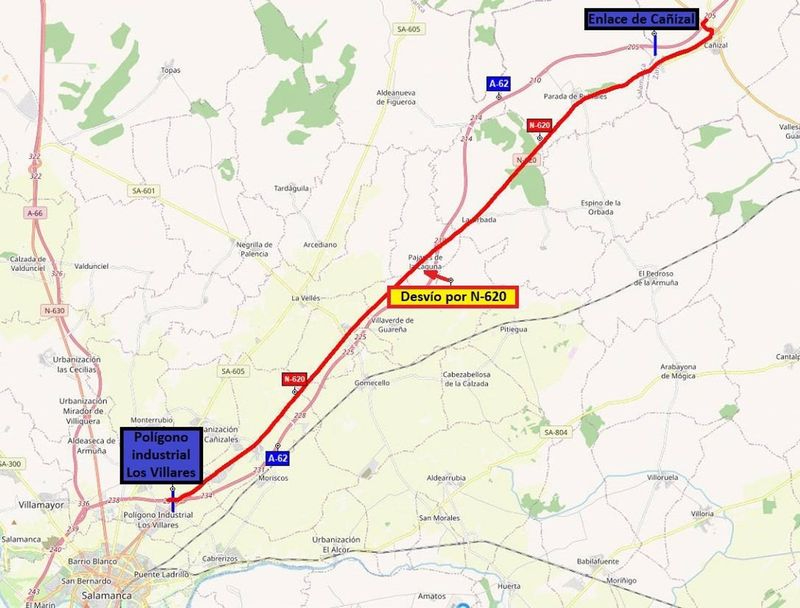 Este miércoles comienzan la rehabilitación del firme en la A-62 entre el límite de Zamora y Villares (Salamanca)
