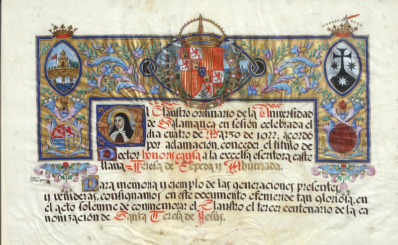 Diploma del Doctorado honoris causa concedido a Santa Teresa por la Universidad de Salamanca