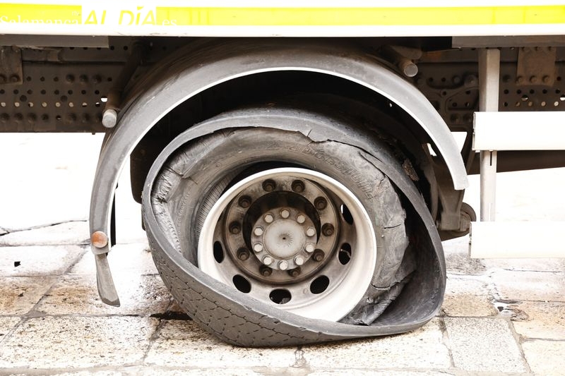 Un camión revienta una rueda justo en la Plaza Mayor